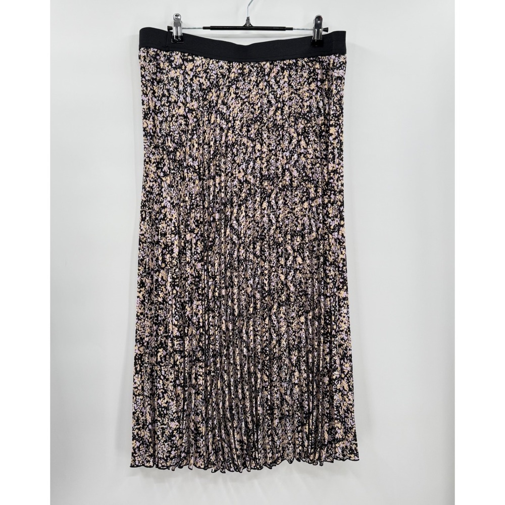 Vince Camuto L‎ Pleated Midi Skirt Womens Black Floral Elastic Waist C3481400